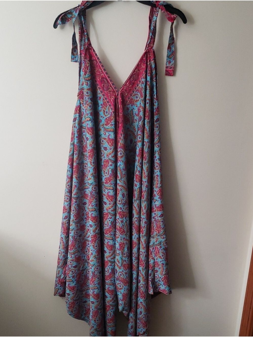 NWT Kathmandu Boho Silk Paisley Tie-Shoulder Jumpsuit in Blue and Pink
